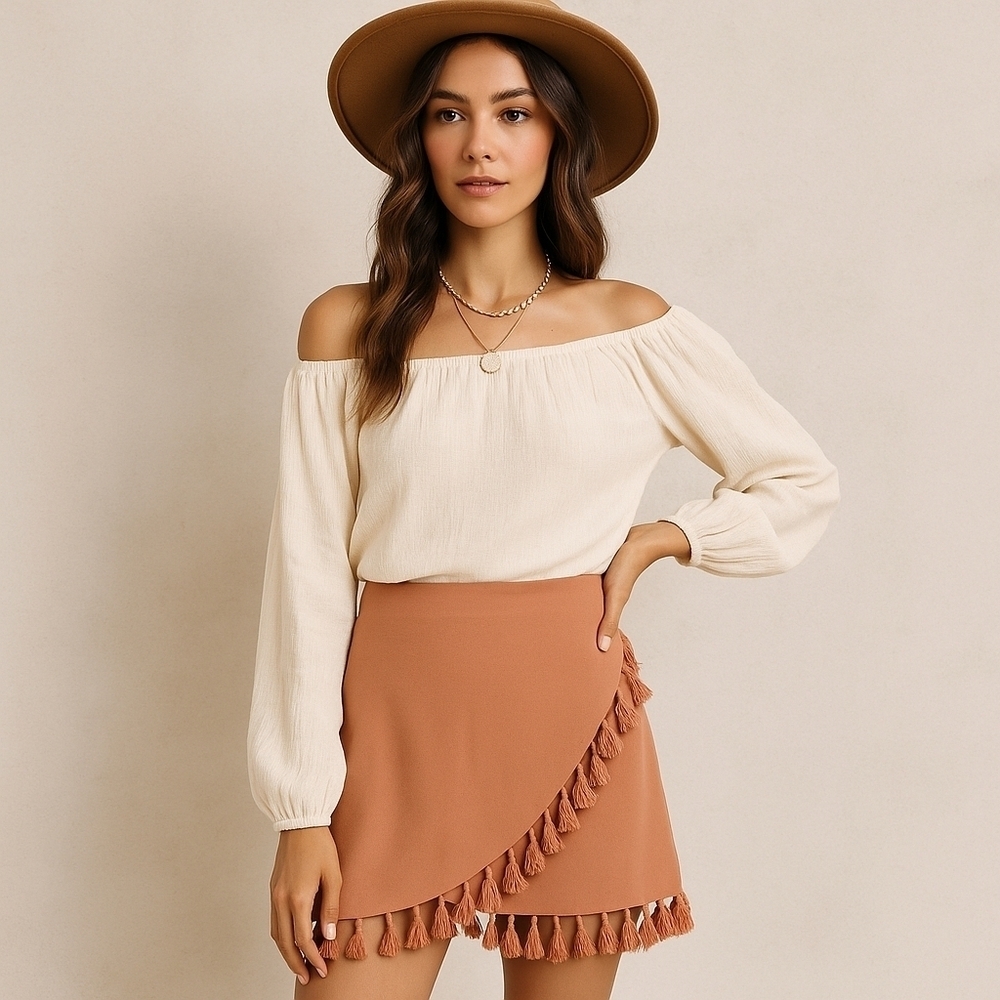 VICI Tan Tassel Trim Wrap Skirt – Size M – NWT